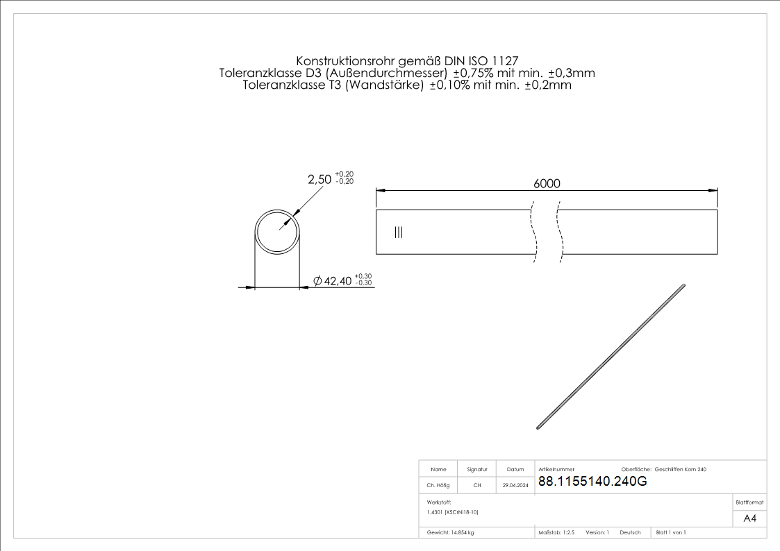 V2A-Rohr Korn 240 42-4 x 2-5 mm geglueht-88-1155140.240G