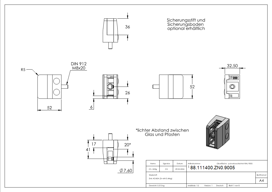 Glasklemme Zinkdruckguss 52x52x32-5 mm pulverbeschichtet RAL 9005 matt gerade-88-111400-ZN0.9005