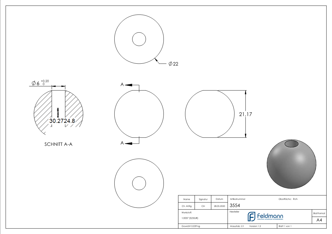 Annietkugel - Ø 22 mm Kopf - Ø 6 mm Bohrung - Stahl S235JR- roh-30-2724.8