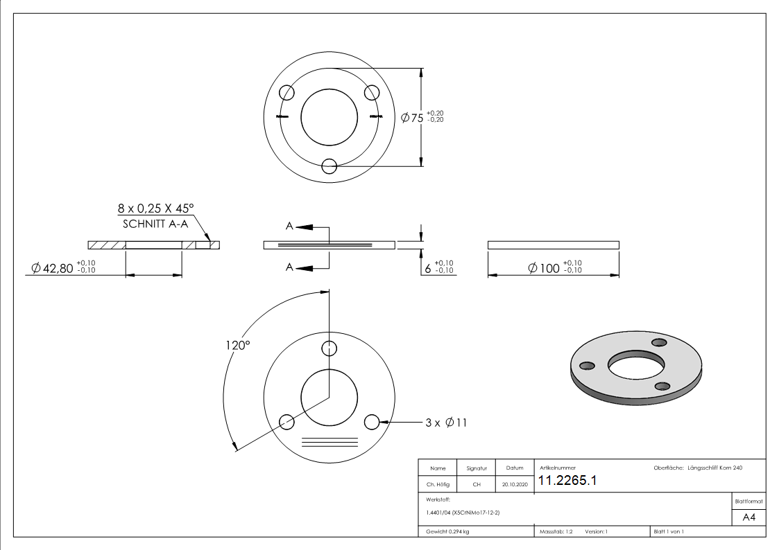 Ankerplatte Ø 100 x 6 mm mit Zentrierbohrung- Ø 42-8 mm V4A-11-2265.1