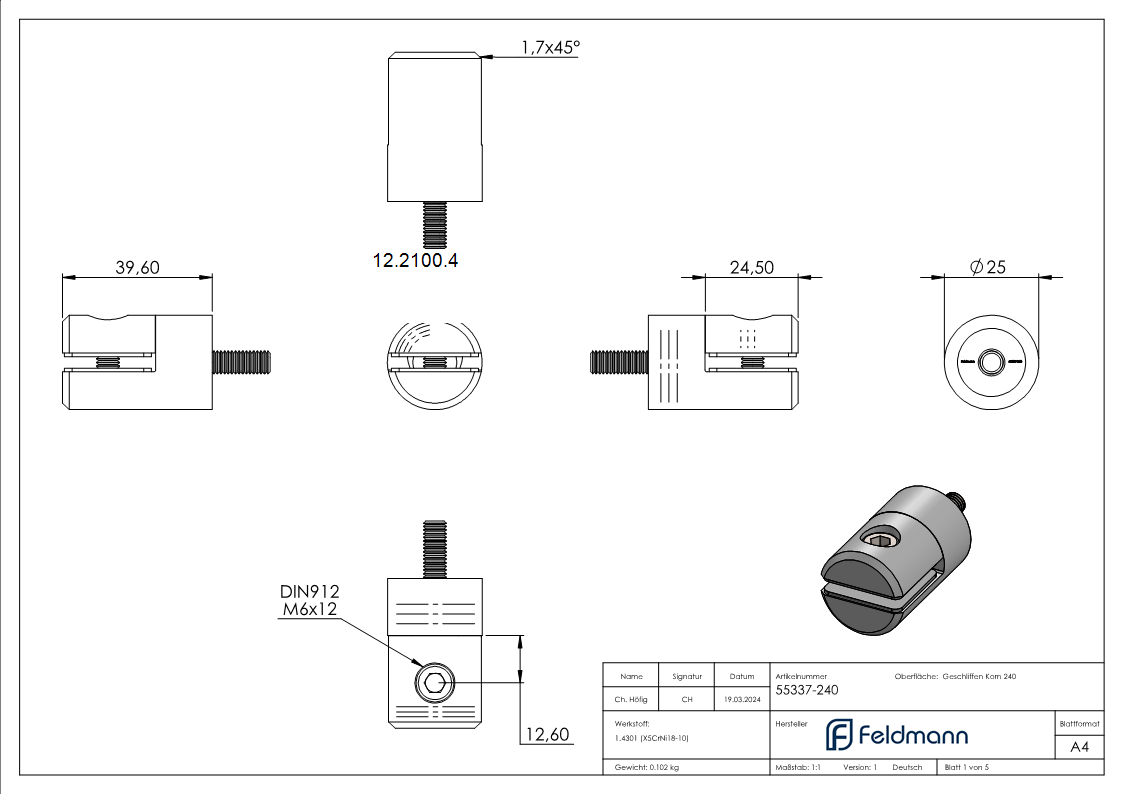 Blechhalter - Plattenhalter Ø 25 mm Edelstahl V2A – Anschluss flach - gerade inkl- Schrauben - Gummieinlage-12-2100.4