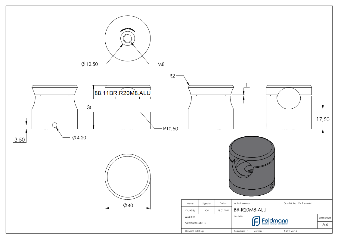 BRENK-fix® Grundhalter fuer Staebe Ø 20mm- ALU-88-11BR-R20M8.ALU