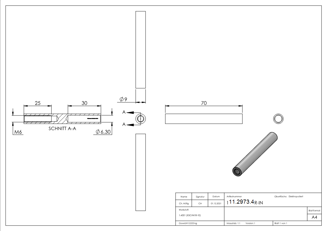 Gewindeterminal mit Innengewinde - Rechtsgewinde - Fuer Seil von Ø 6 mm -V2A-11-2973.4