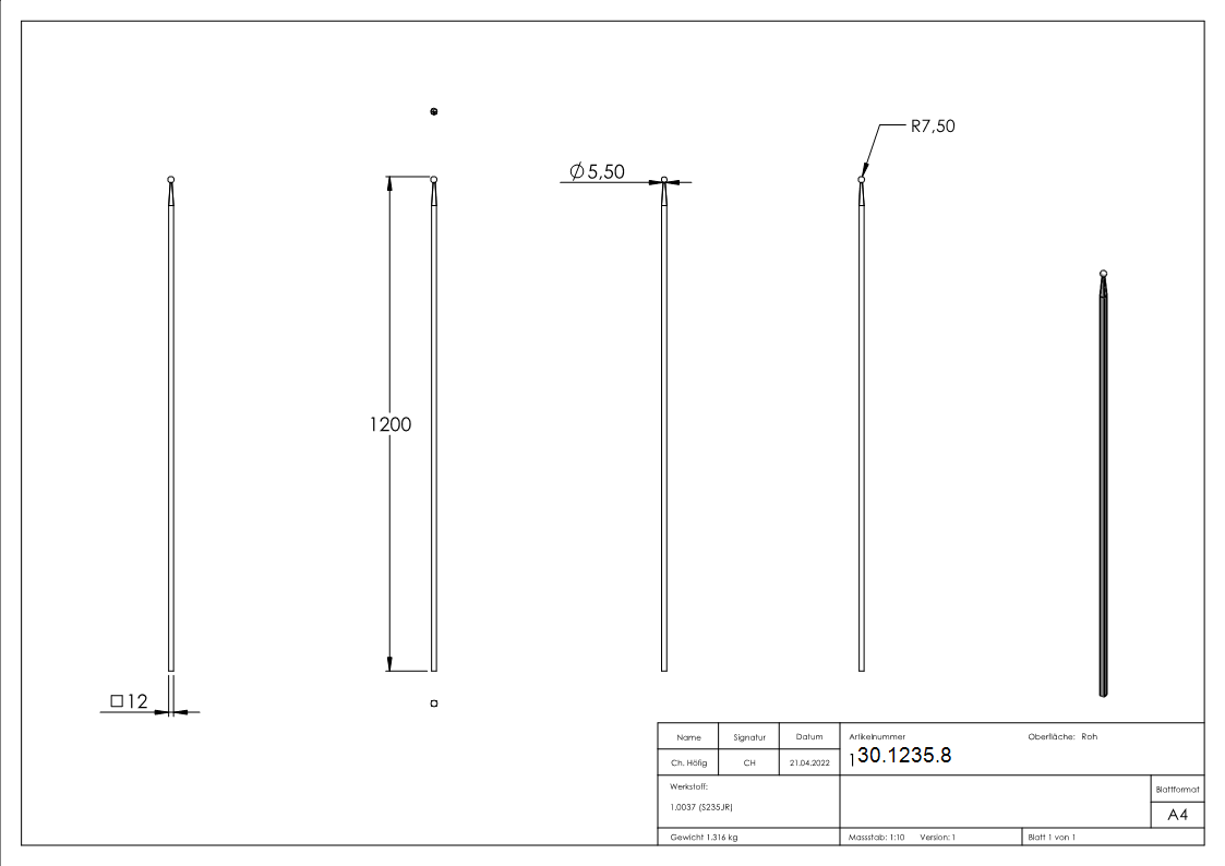 Zaunstab Laenge- 1200 mm Material 12x12 mm - Kugel Ø 16 mm Stahl S235JR- roh-30-1235.8