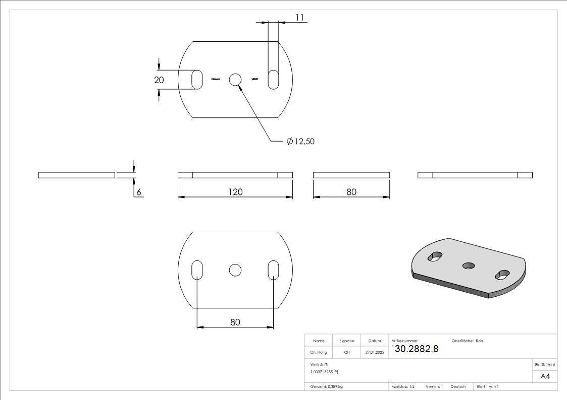 Ankerplatte 120x80x6 mm 3 Bohrungen -  Stahl roh-30-2882.8