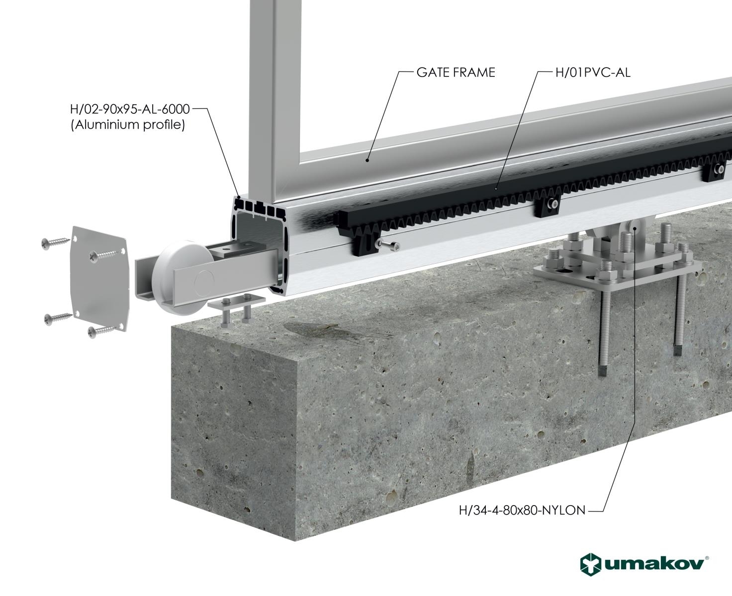 Freitragendes Schiebetor Set Aluminium - Stahl Profil 90 x 95 mm bis 4 m - 250 kg-89-11SV90X95AL-A.4