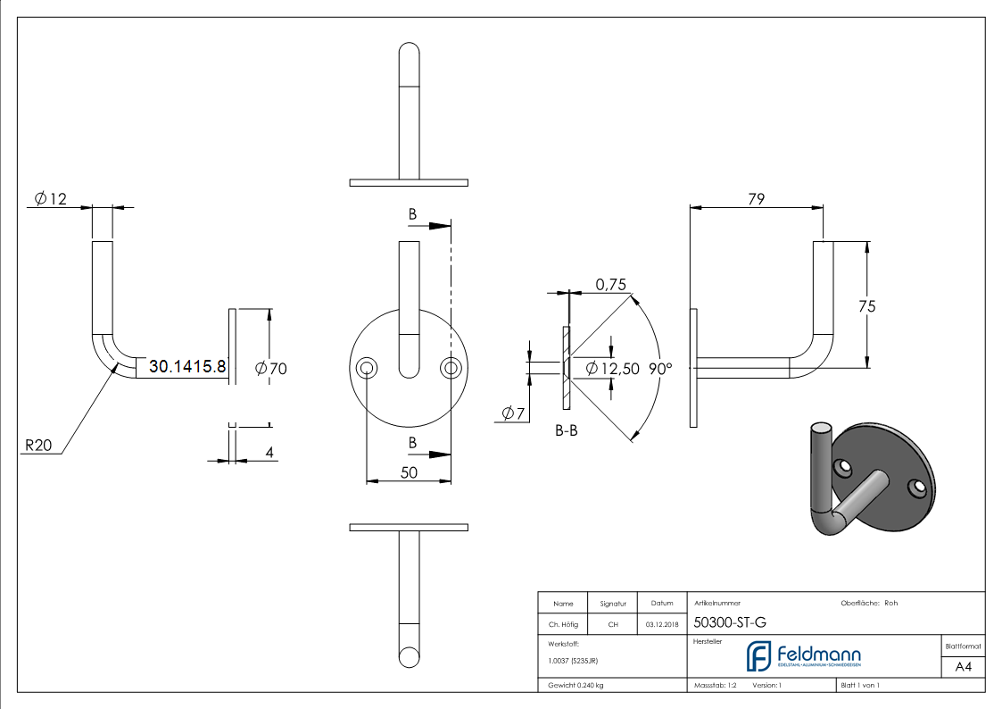 Handlaufhalter - mit Ronde 70x4 mm - zum Anschweissen - Stahl S235JR- roh-30-1415.8