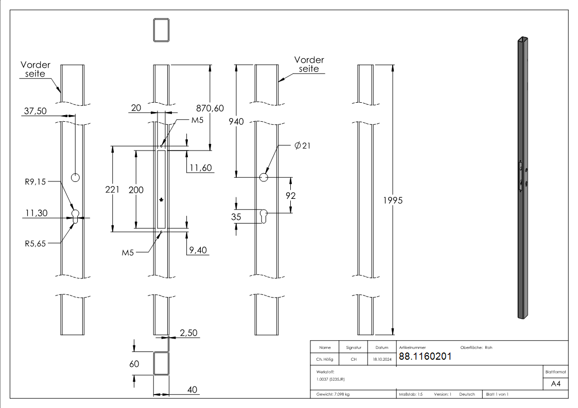 Schlossrohr Stahl 60 x 40 mm L- 2000 mm glatt-88.1160201