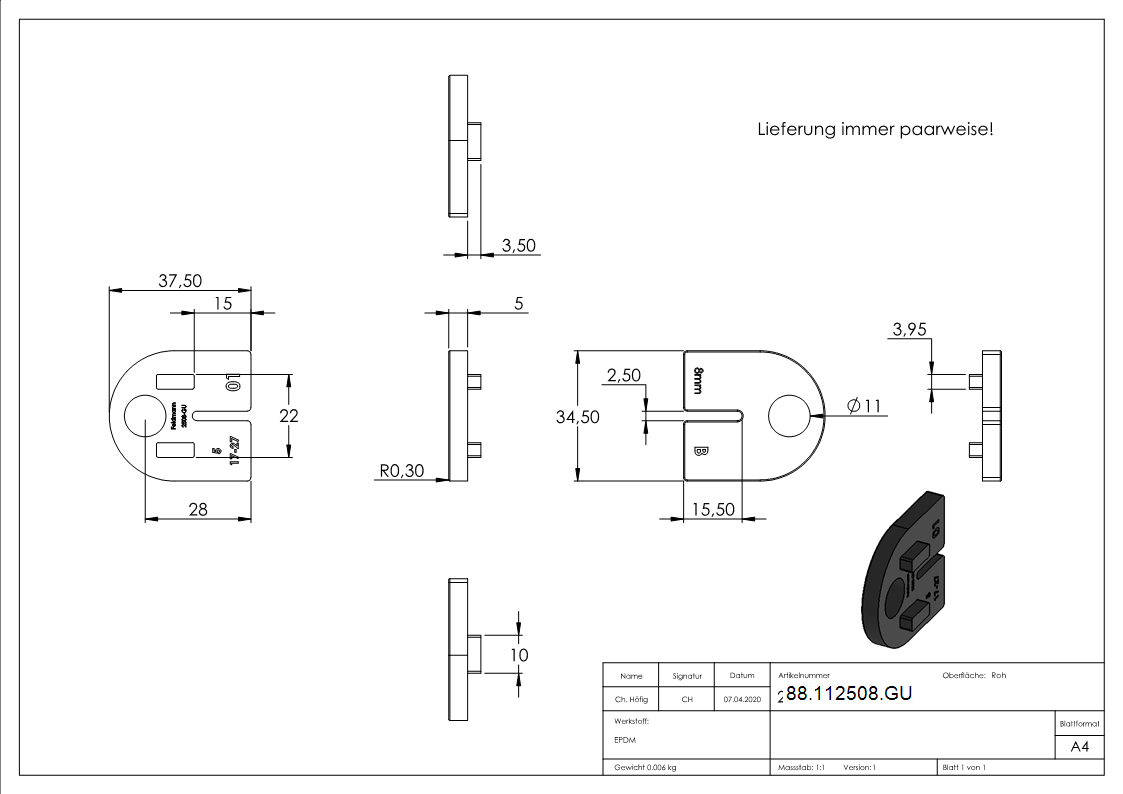 Gummieinlage fuer Glasklemme Modell 25 fuer Glas 8-00 mm-88-112508.GU