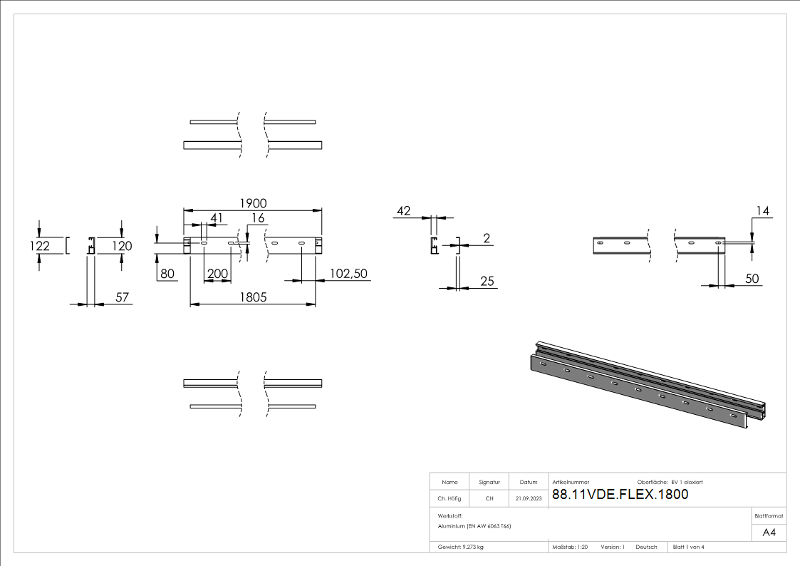 Vordachprofil-Set eleganza canopy FLEX-MOUNT PRO- L 1900 mm - 1805 mm-88-11VDE-FLEX.1800