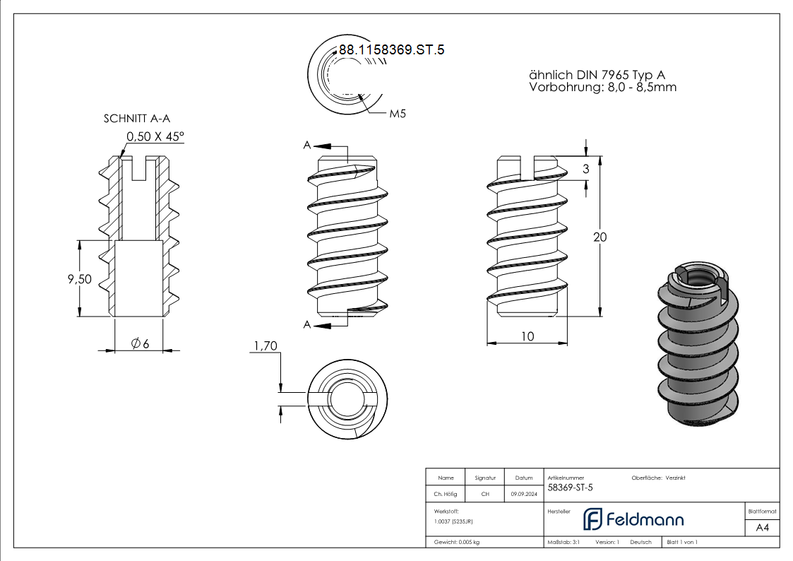 Rampa-Muffe Stahl verzinkt M5x20 Typ A- Vorbohrung 8-0-8-5 mm-88-1158369-ST.5
