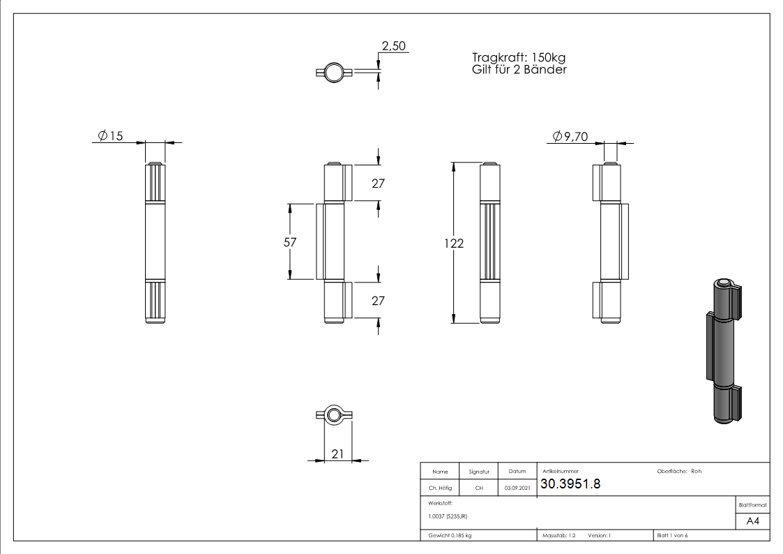 Anschweissband - 3-teilig - Tragkraft- 150kg - Stahl S235JR- roh-30-3951.8