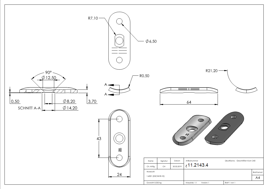 Handlaufanschlussplatte 63x25x4 mm fuer Rohr Ø 48-3 mm V2A-11-2143.4