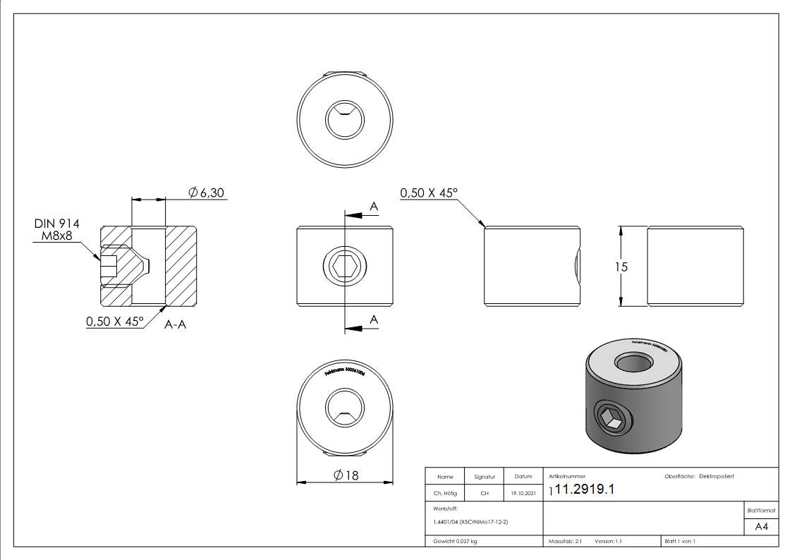 Rundklemme mit Madenschraube fuer Seil 5-6 mm V4A-11-2919.1