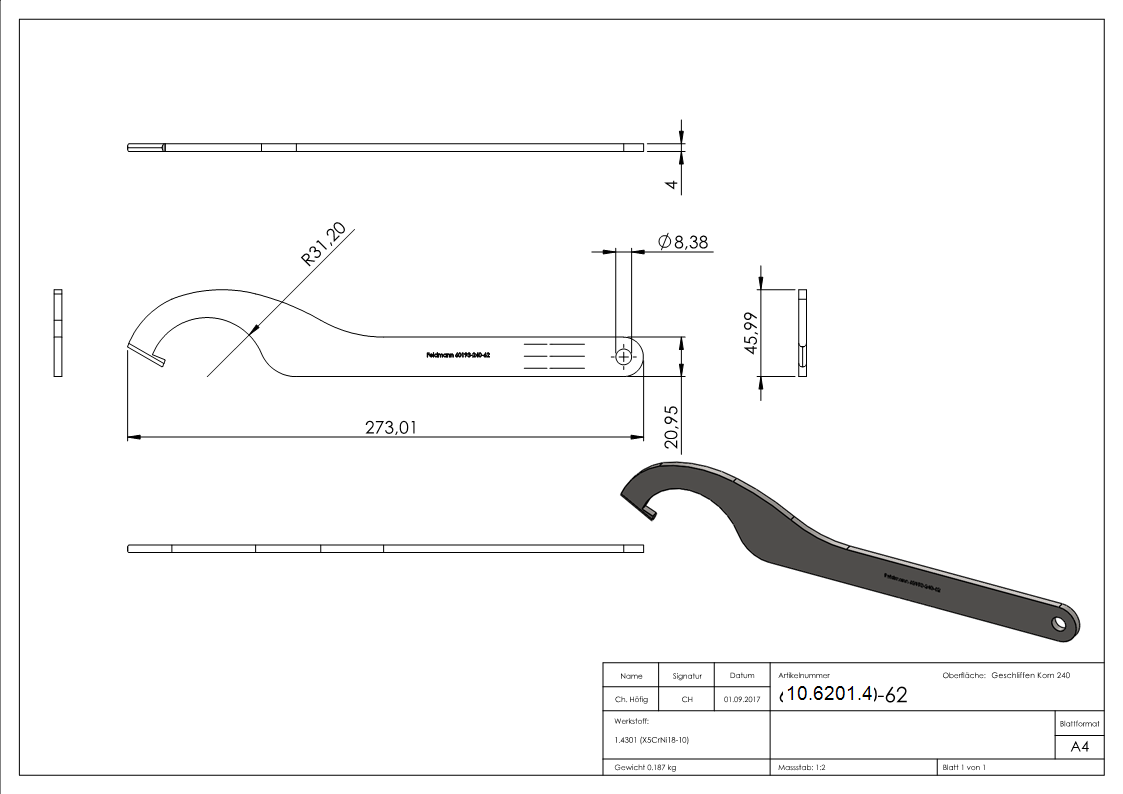 Hakenschluessel fuer Glaspunkthalter Ø 62 mm-10-6201.4