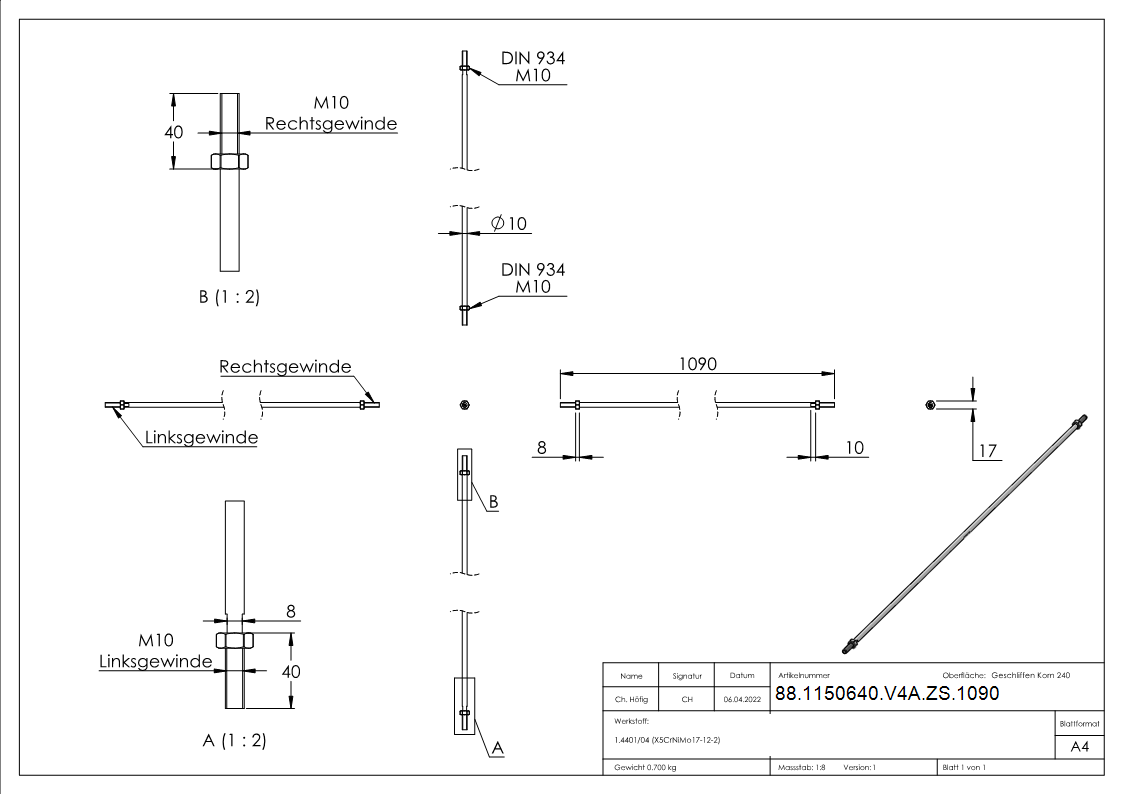 Zugstange Edelstahl V4A L = 1090 mm M10 Links-Rechtsgewinde-88-1150640-V4A-ZS.1090