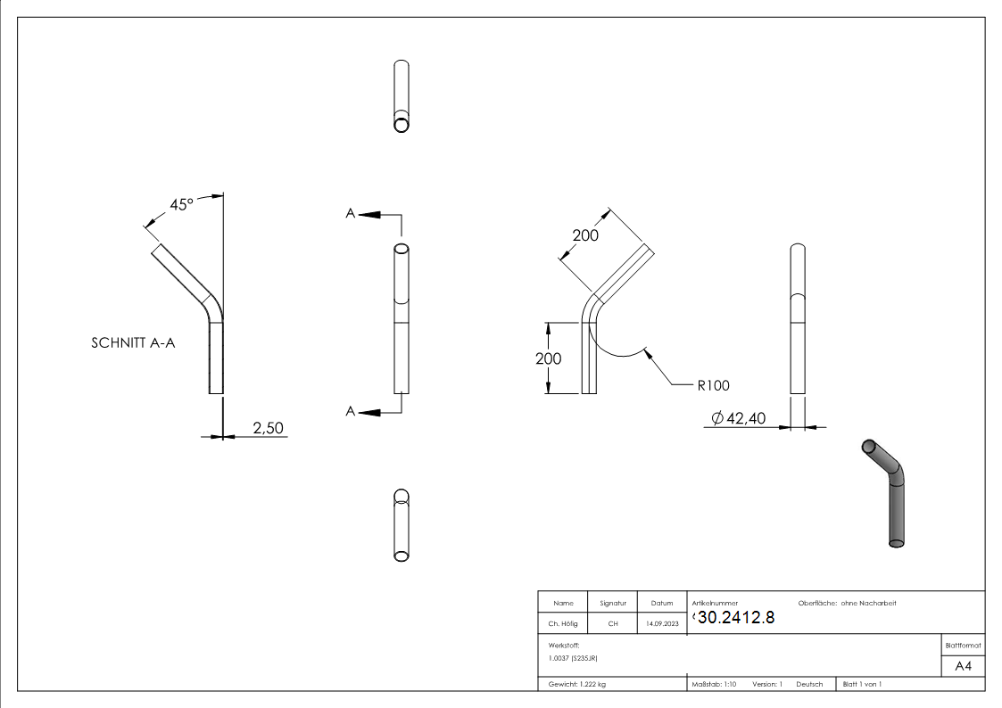 Rohrbogen 45° Stahl roh - 42-4 x 2-5 mm -1 ¼- - S235JR-30-2412.8