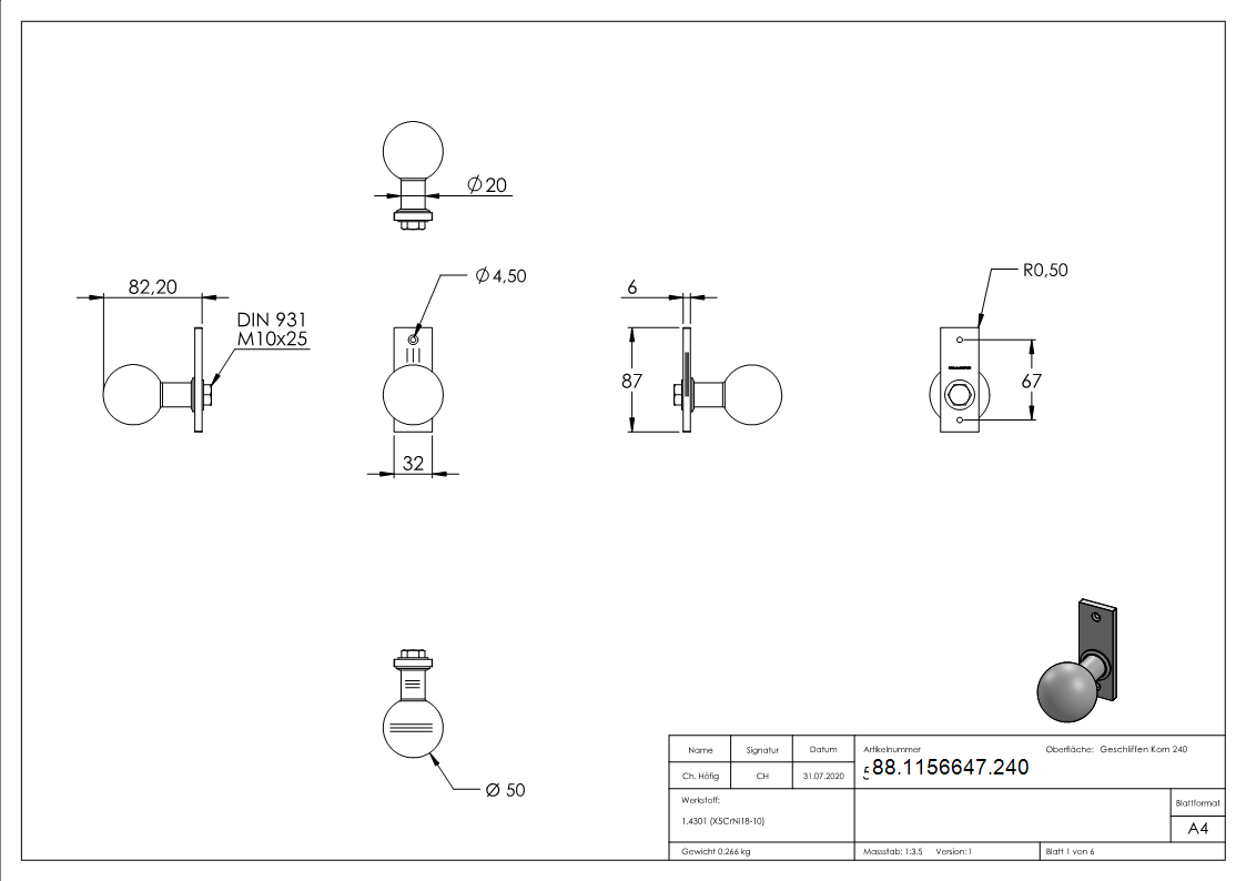 Tuerknopf- Ø 50mm- mit Kurzschild- V2A-88-1156647.240