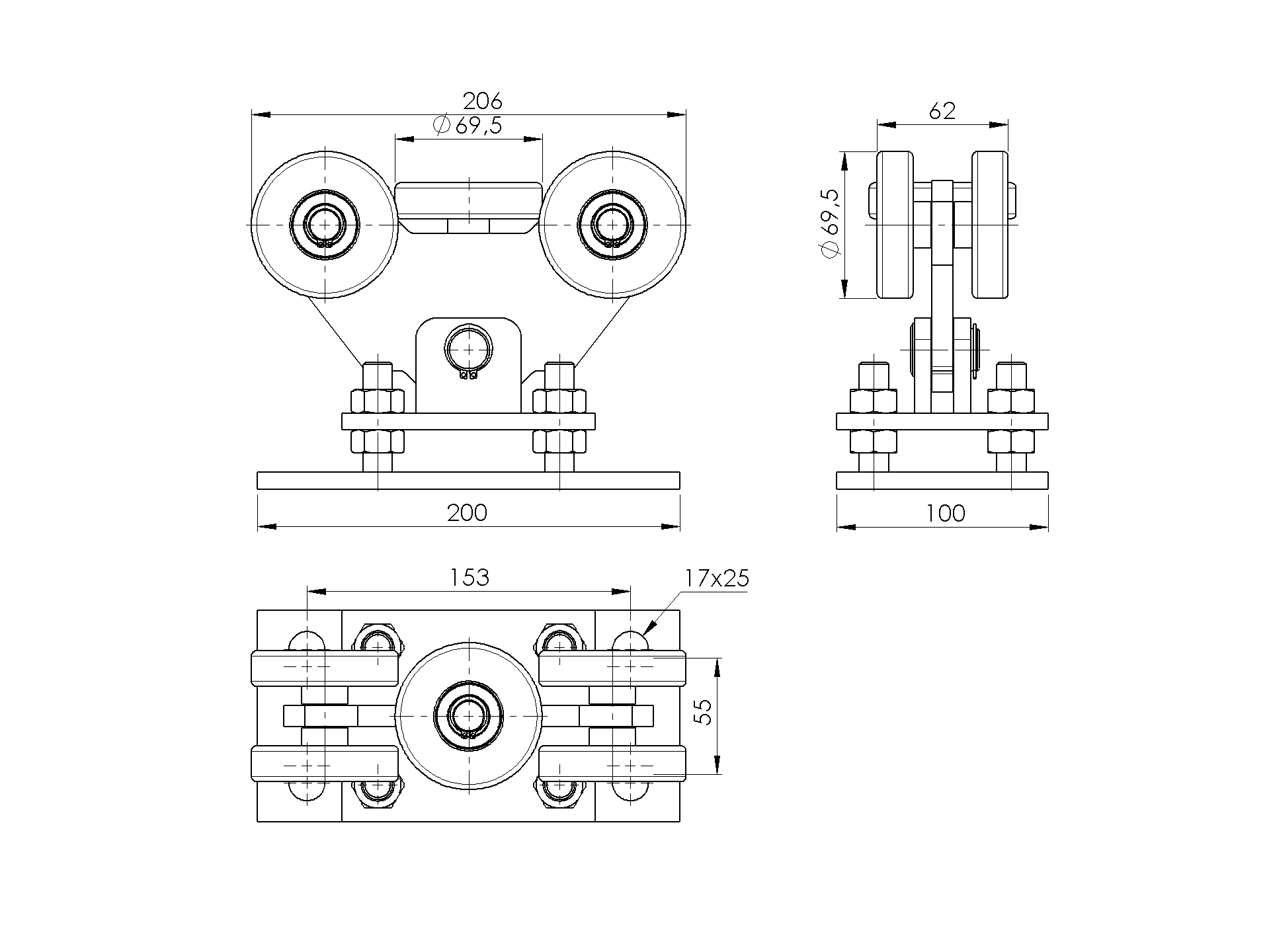 Laufwagen Stahl verzinkt fr C-Profil 90x95 mm mit Nylonrollen-89-11H34490X95NYLON-A.4
