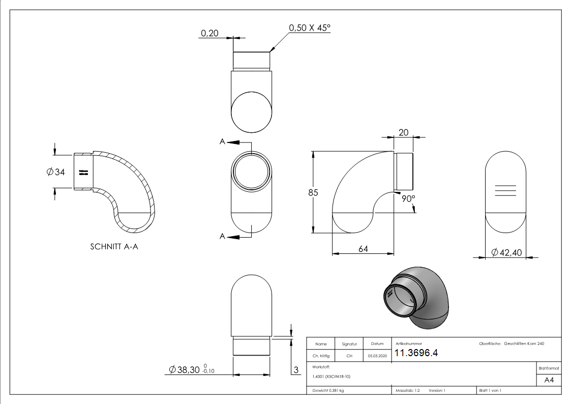 Endstueck 90° halbrund- fuer Rundrohr Ø 42-4x2-0 mm V2A-11-3696.4