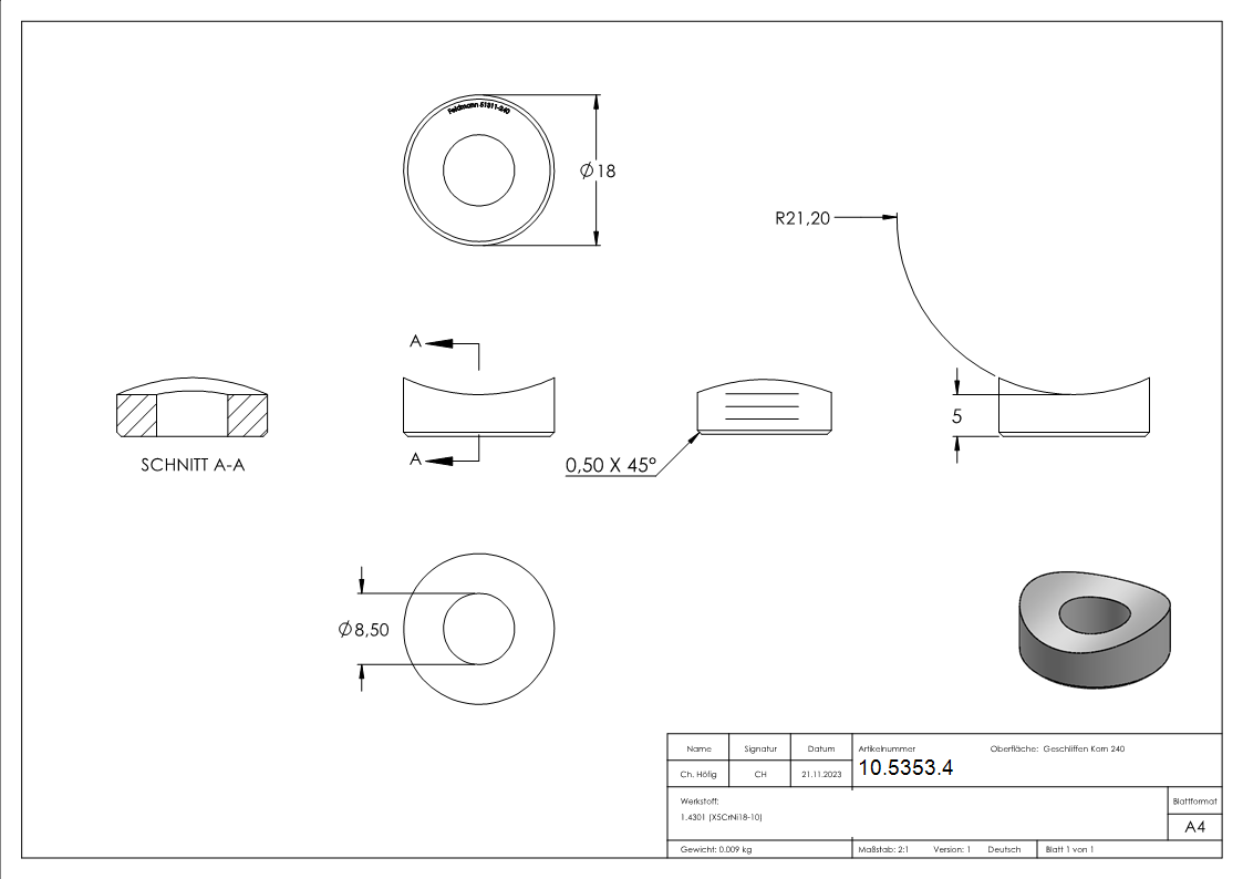 Ausgleichsstueck Ø 18 mm fuer Rundrohr Ø 42-4 mm V2A-10-5353.4