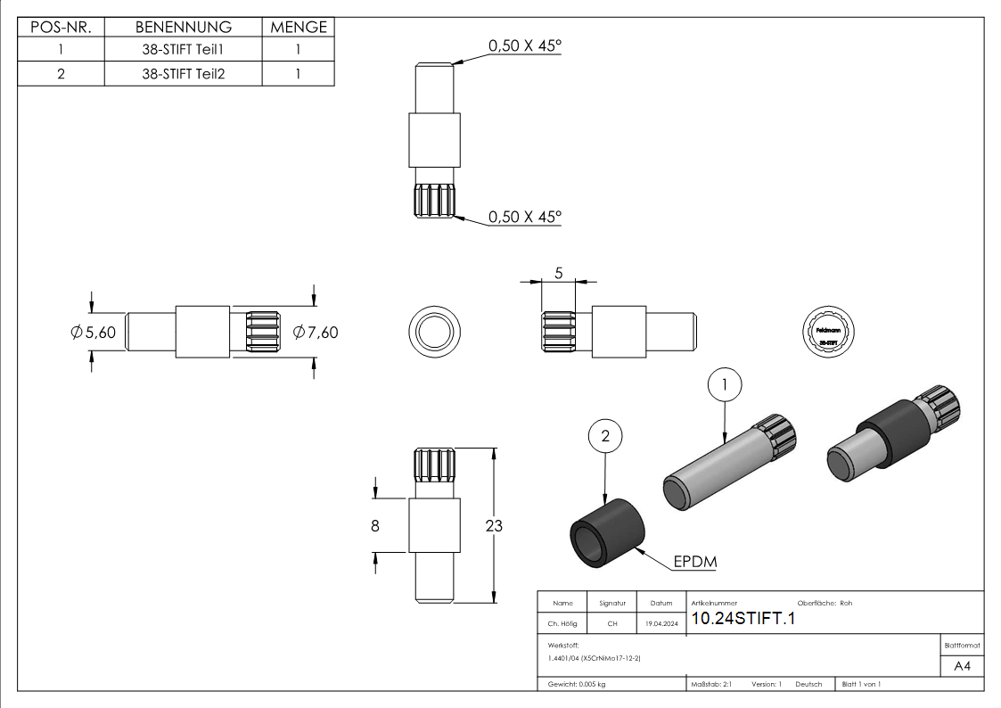 1 Sicherungsstift zu Glasklemme 63x45x30 mm AbZ V4A-10-24STIFT.1