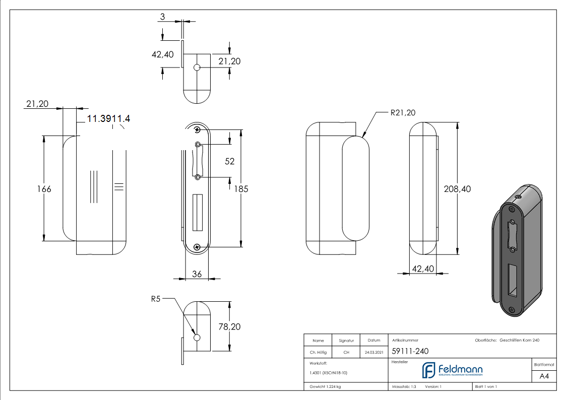 Gegenkasten 42-4x78-2x208-4 mm zum Anschweissen V2A - AMF Artikel- 10462-11-3911.4