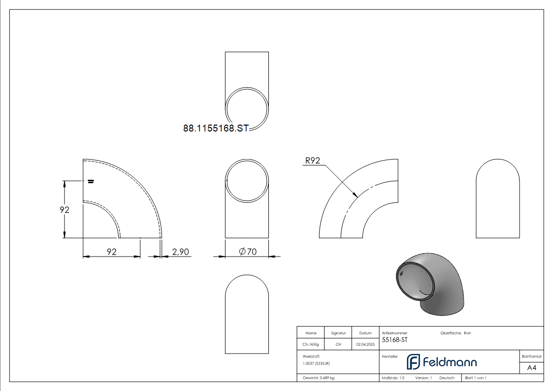 Rohrbogen 90° Stahl roh - 70 x 2-9 mm -Metrisch- - Bauart 3-88-1155168.ST