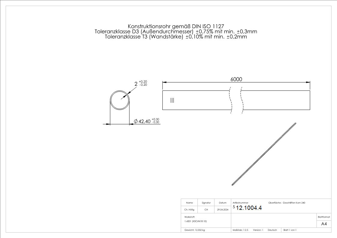 Rundrohr Ø 42-4x2-0 mm á 6 m V2A Edelstahl-12-1004.4