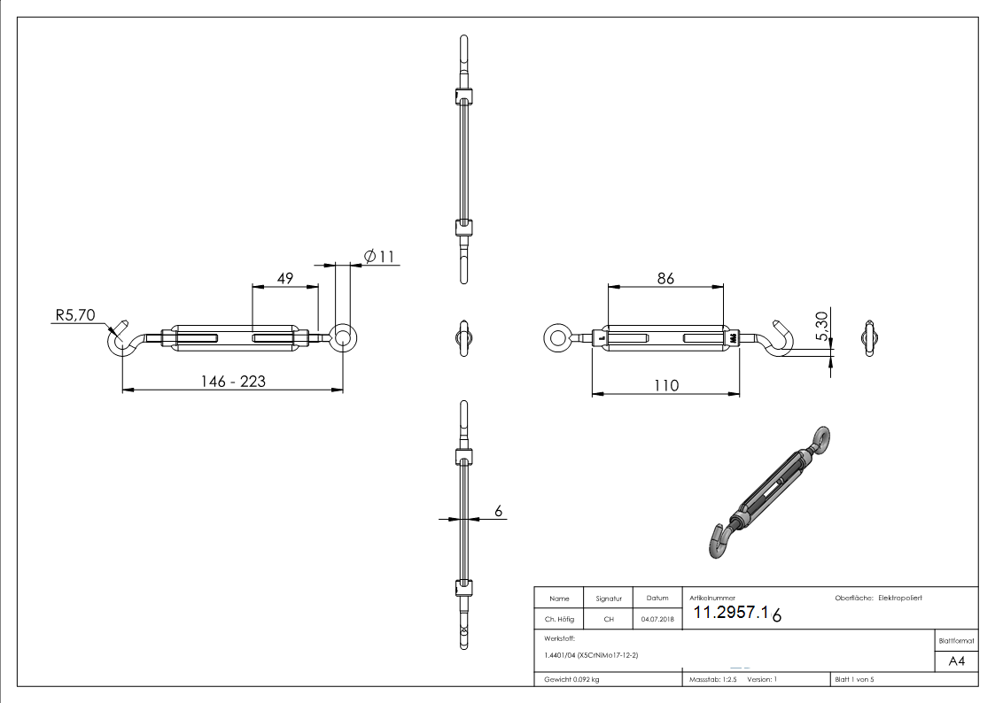 Spannschloss - M6 - Oese-Haken - mit Links-Rechtsgewinde - V4A-11-2957.1