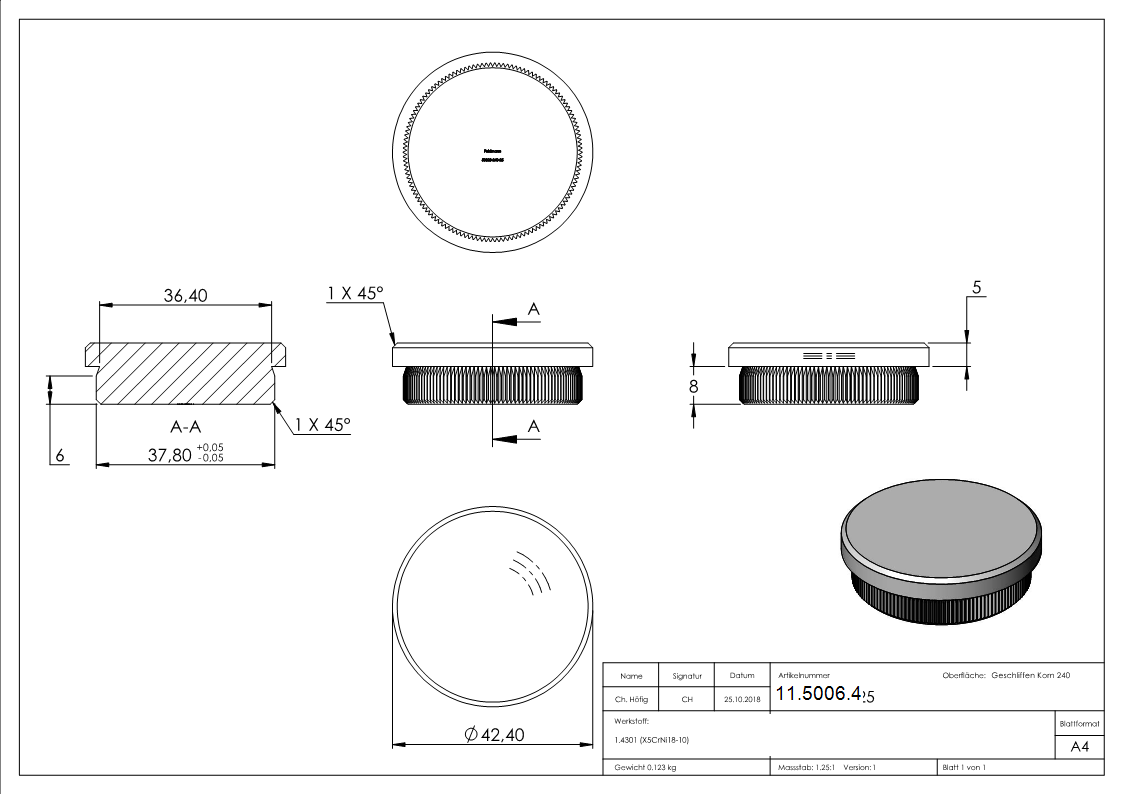 Einsteckkappe V2A fuer Rohr Ø 42-4x2-5 mm flach geraendelt-11-5006.4