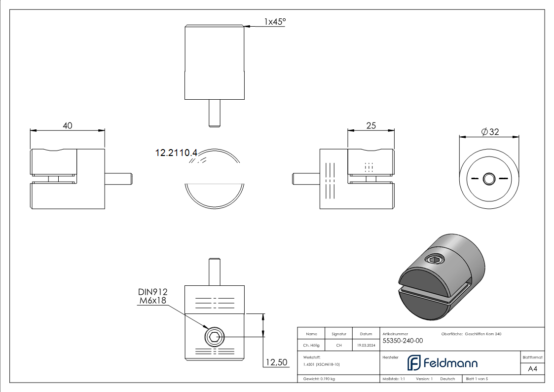 Blechhalter - Plattenhalter Ø 32 mm Edelstahl V2A – Anschluss flach - geradeinkl- Schrauben - Gummieinlage-12-2110.4