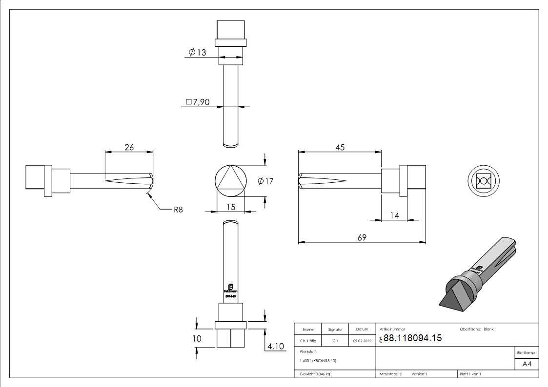 Spezialstift mit Dreikant 15mm - AMF Artikel- 16634-88-118094.15