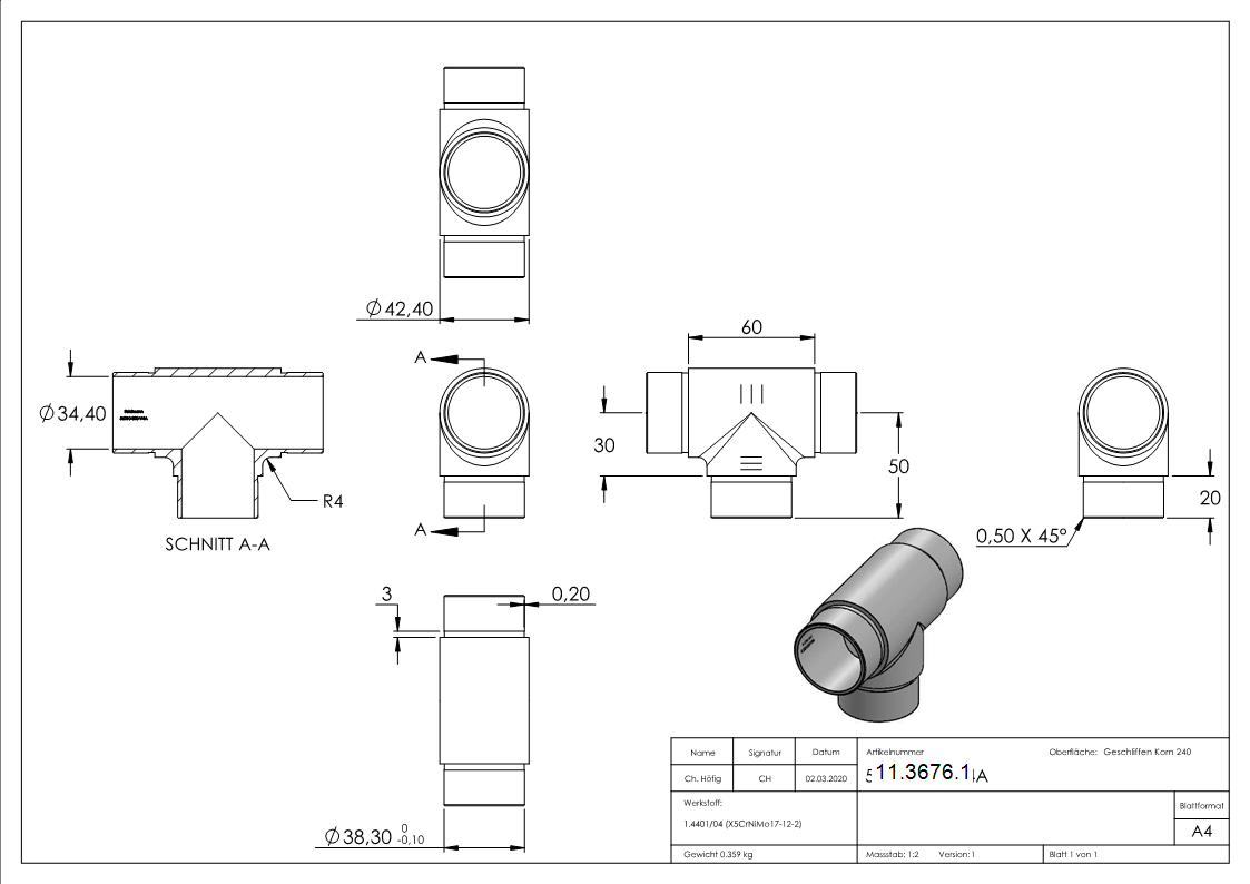T-Stueck mit gleichen Abgaengen fuer Rundrohr Ø 42-4x2-0 mm V4A-11-3676.1