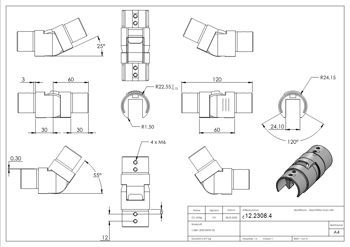 Verbinder flexibel - aufwaerts 25-55° - fuer Nutrohr Ø 48-3 mm - V2A-12-2308.4
