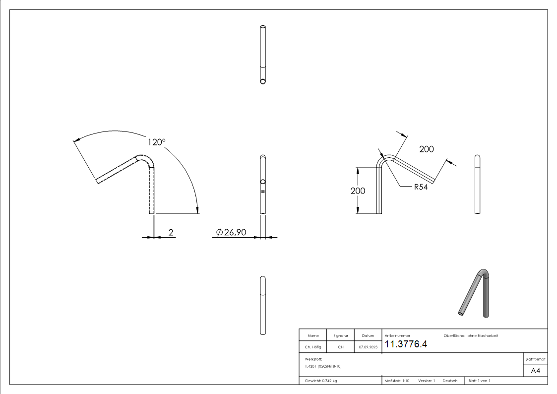 Bogen 120° zum Schweissen aus Rundrohr- Ø 26-9x2-0 mm V2A-11-3776.4