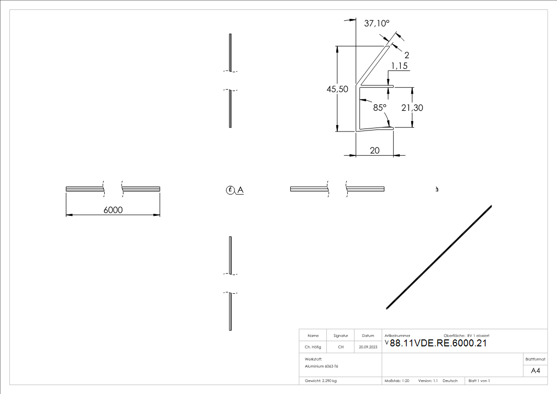 Regenrinne fuer Vordaecher- Glas 21-52mm- L=6000mm- E4-EV1-88-11VDE-RE-6000.21