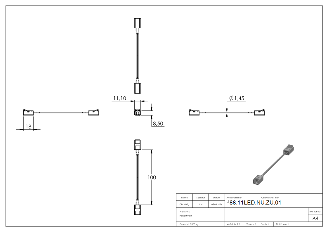 LED-Band Steckverbinder mit Verbindungskabel- fuer IP00 LED-Band-88-11LED-NU-ZU.01