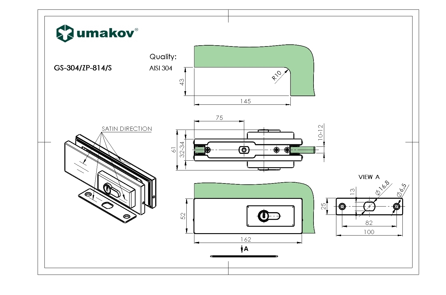 Glastuer Bodenschloss PZ fuer 10-12mm Glas- Edelstahl AISI 304 geschliffen-89-11GS304ZP814S-A.4