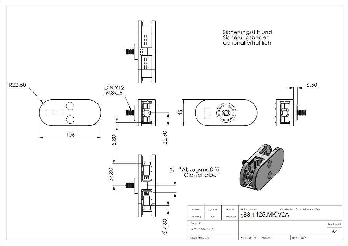 Sichtschutz Mittelglasklemme Edelstahl V2A halbrund gerade Mod- 25-88-1125-MK.V2A