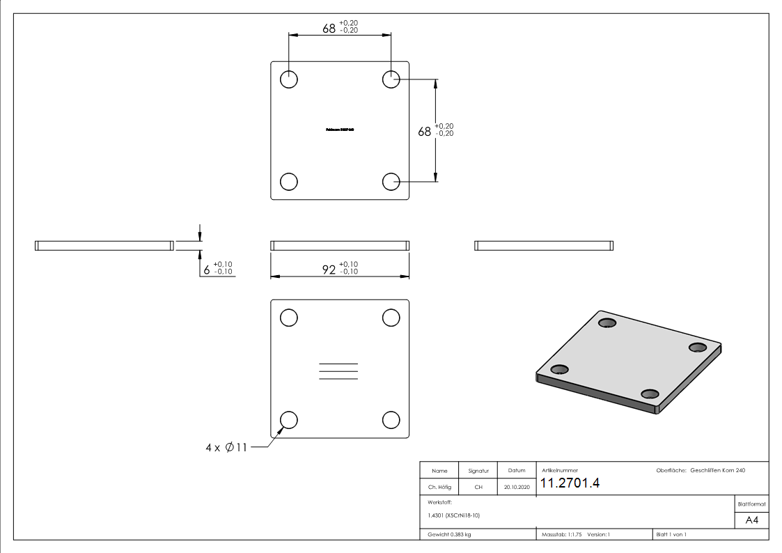 Ankerplatte Masse- 92x92x6 mm V2A-11-2701.4