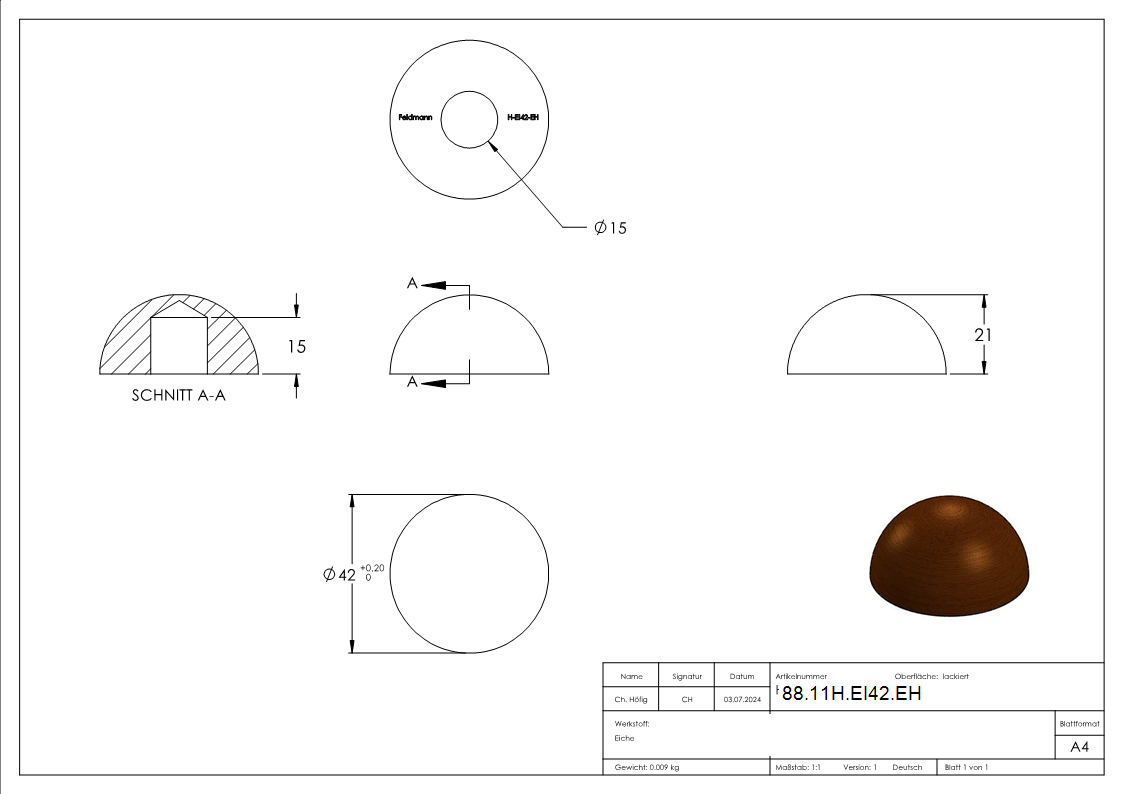 Endstueck fuer Holzhandlauf Eiche Ø 42-4mm-88-11H-EI42.EH