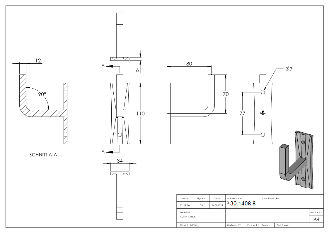 Handlaufhalter - mit Ronde 105x40x4 mm - zum Anschweissen - Stahl S235JR- roh-30-1408.8