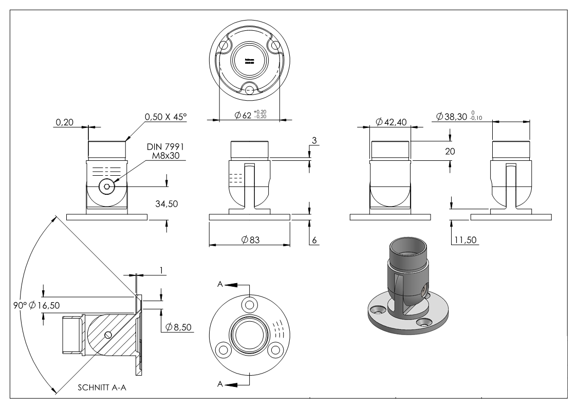 Wandhalterung flexibel fuer Rundrohr Ø 42-4 x 2-0 mm - V2A-11-3690-A.4