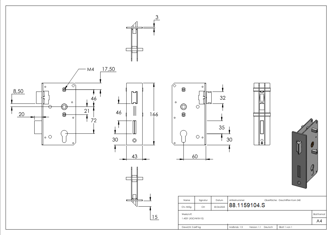 Rohrrahmenschloss verzinkt ohne Schlosskasten- 44mm- passend zu 30-3204-8-88-1159104.S