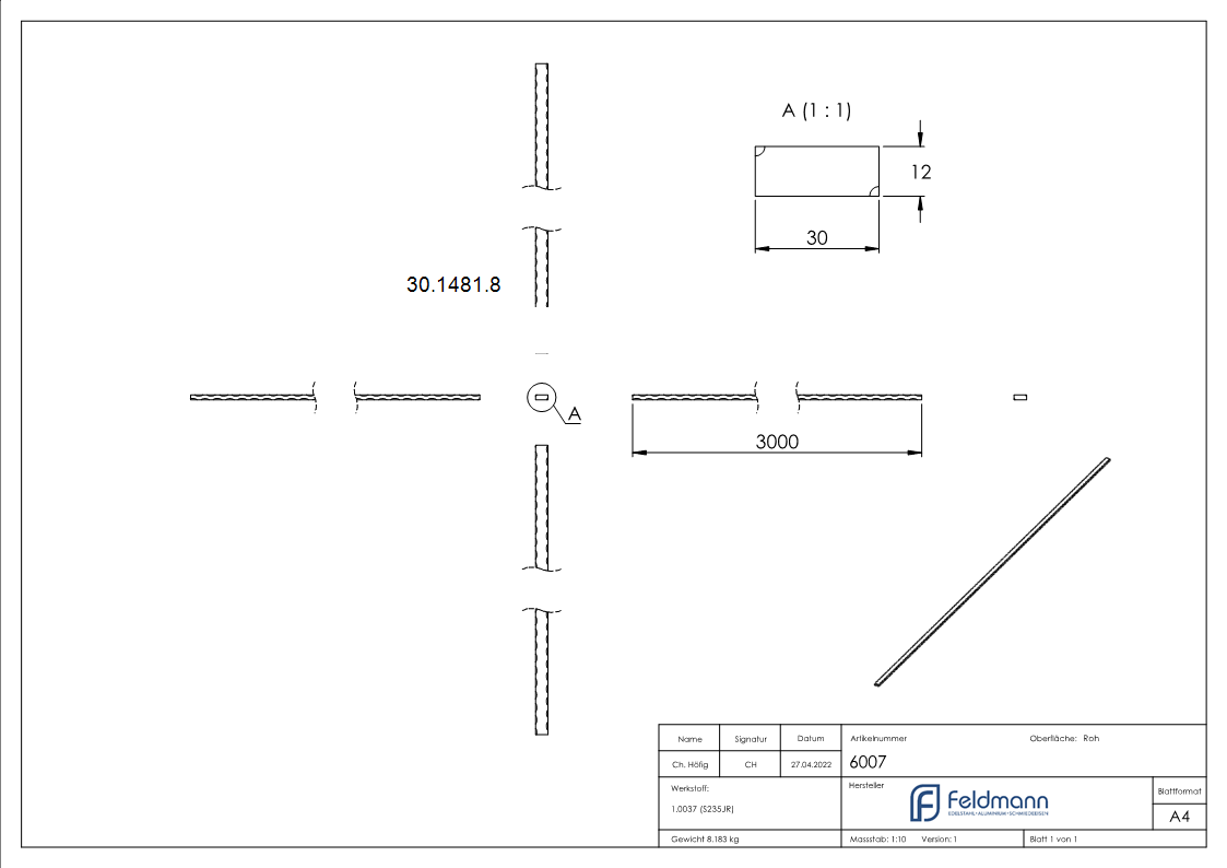 Flacheisen 30x12 mm Kanten gehaemmert 3000mm Schmiedeeisen Antik-30-1481.8