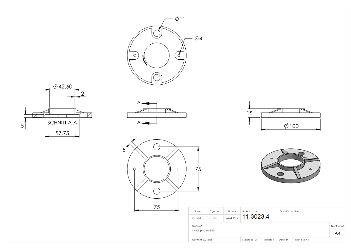 Ankerplatte  Masse- Ø 100x8 mm fuer Rundrohr  Ø 42-4 mm V2A- roh-11-3023.4