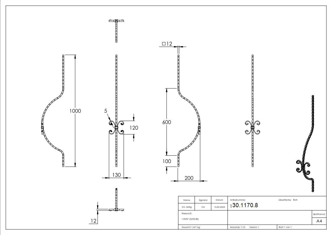 Bauchstab - Laenge- 1000 mm - Material- 12x12 mm - Stahl S235JR- roh-30-1170.8