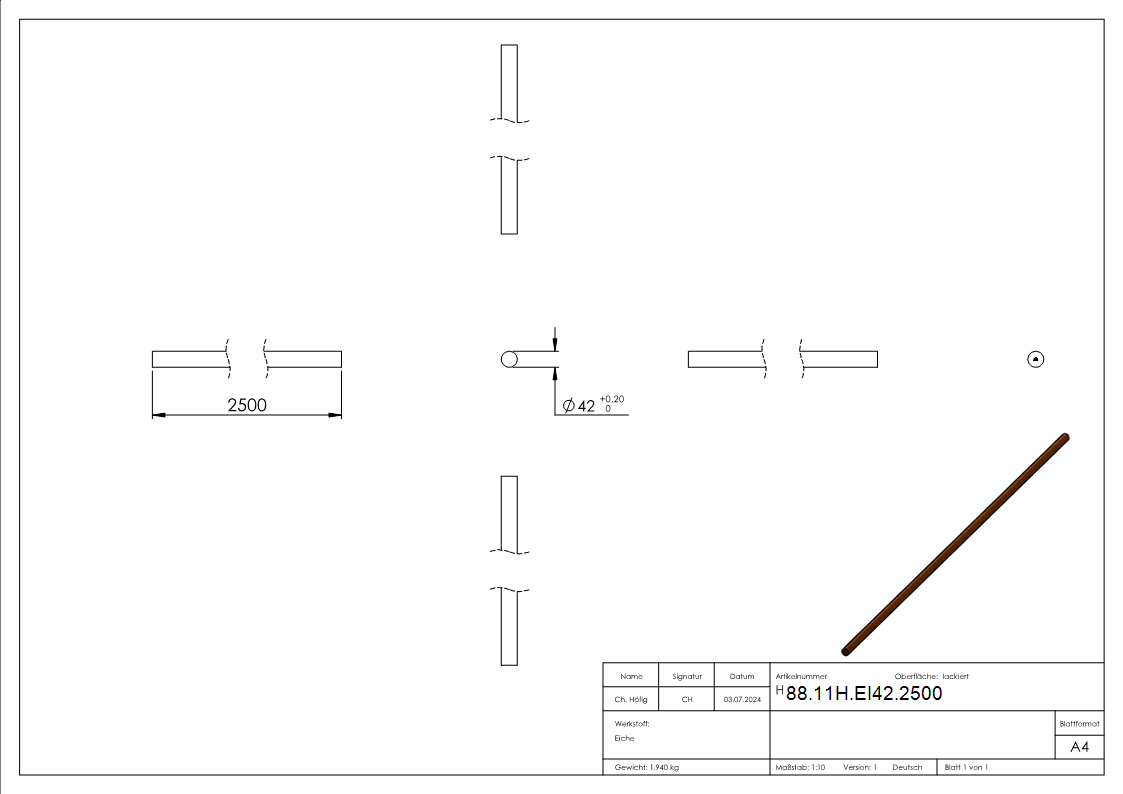 Holzhandlauf Eiche- Ø 42-4mm- L- 2-5m-88-11H-EI42.2500