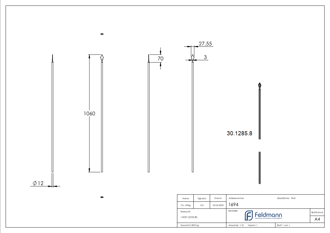 Zaunstab - Laenge- 1060 mm - Material Ø 12 mm - Spitze - Stahl S235JR- roh-30-1285.8